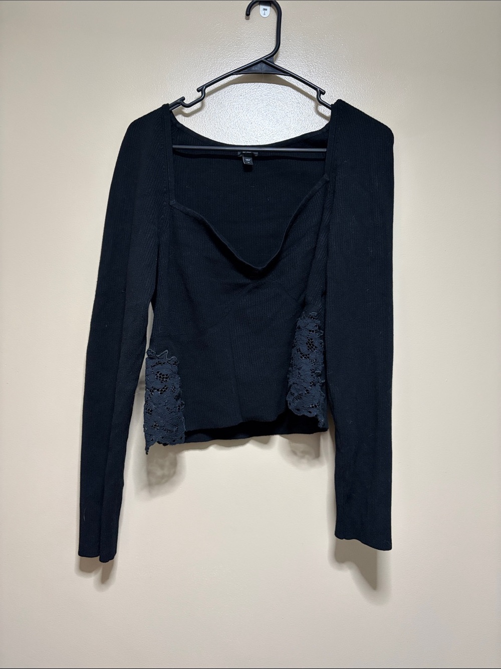 Express Black Ribbed Long Sleeve Sweater with Lace Side Panels